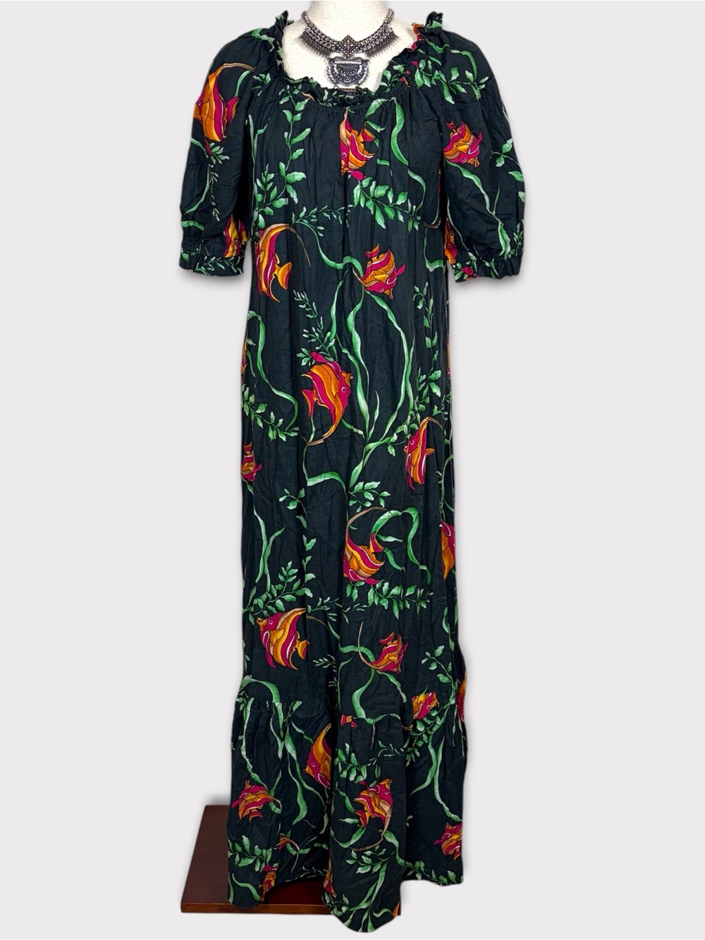 Vtg Hilo Hattie Tiered Muumuu Maxi Dress Medium Nap Dress Fish Tropical Vacation